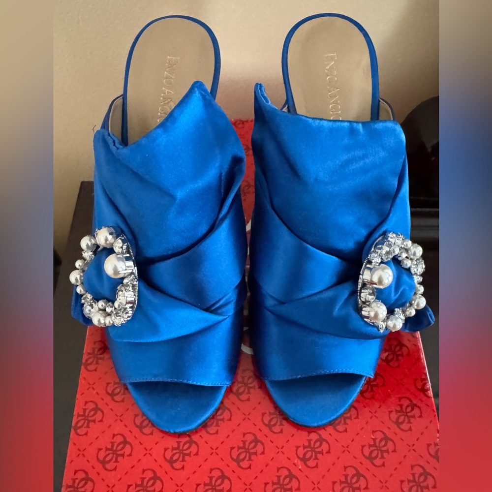 Enzo Angiolini Blue Satin Mules with Crystal Embellishments